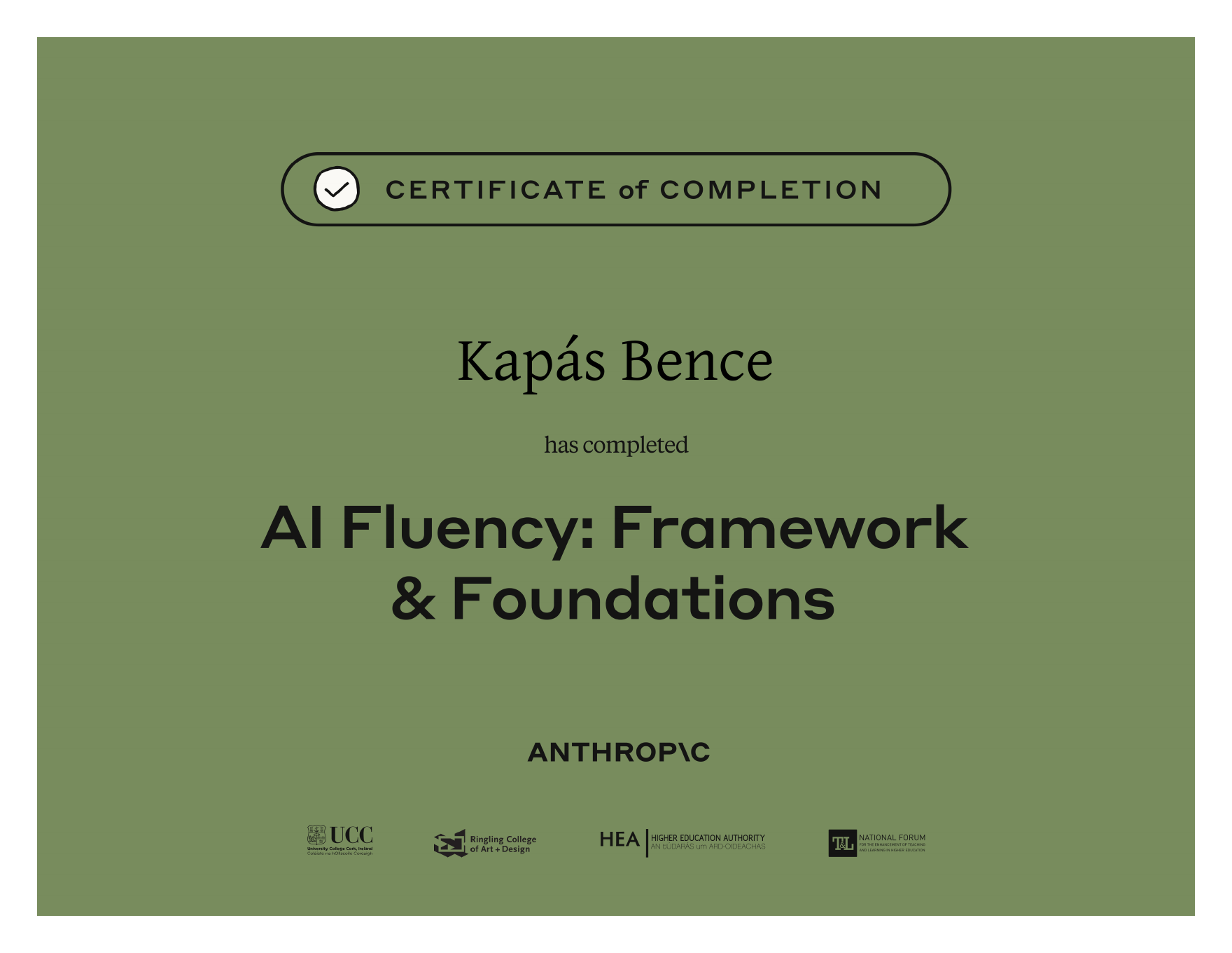 AI Fluency: Framework & Foundations certificate of completion from Anthropic