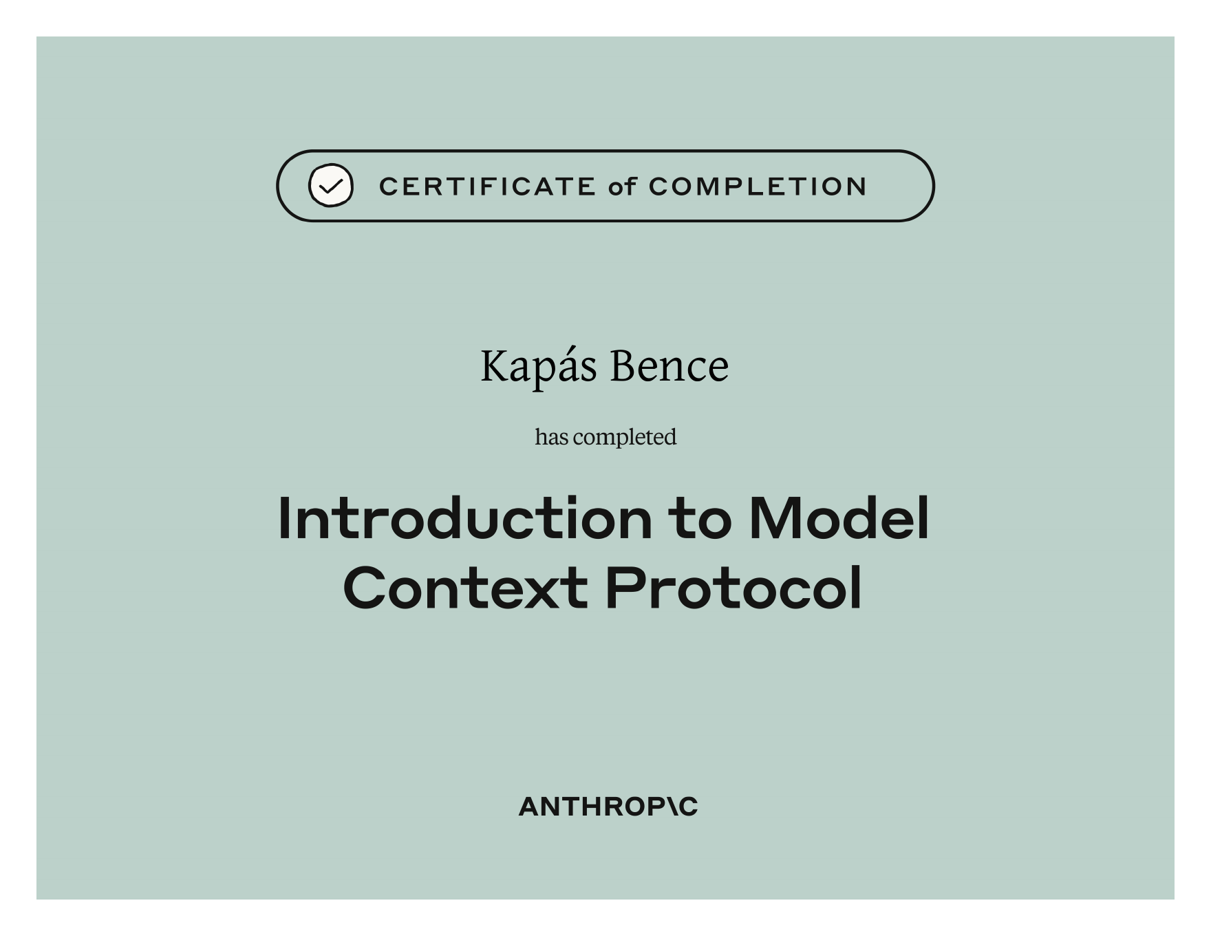 Introduction to Model Context Protocol certificate of completion from Anthropic